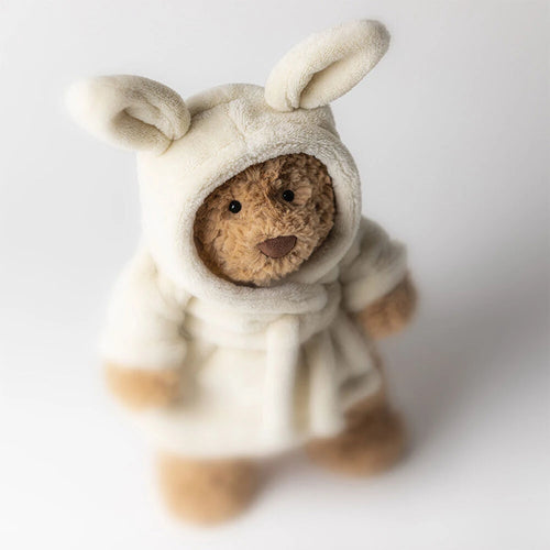 Bartholomew Bear Bathrobe Front View Wearing Cream Fleece Robe